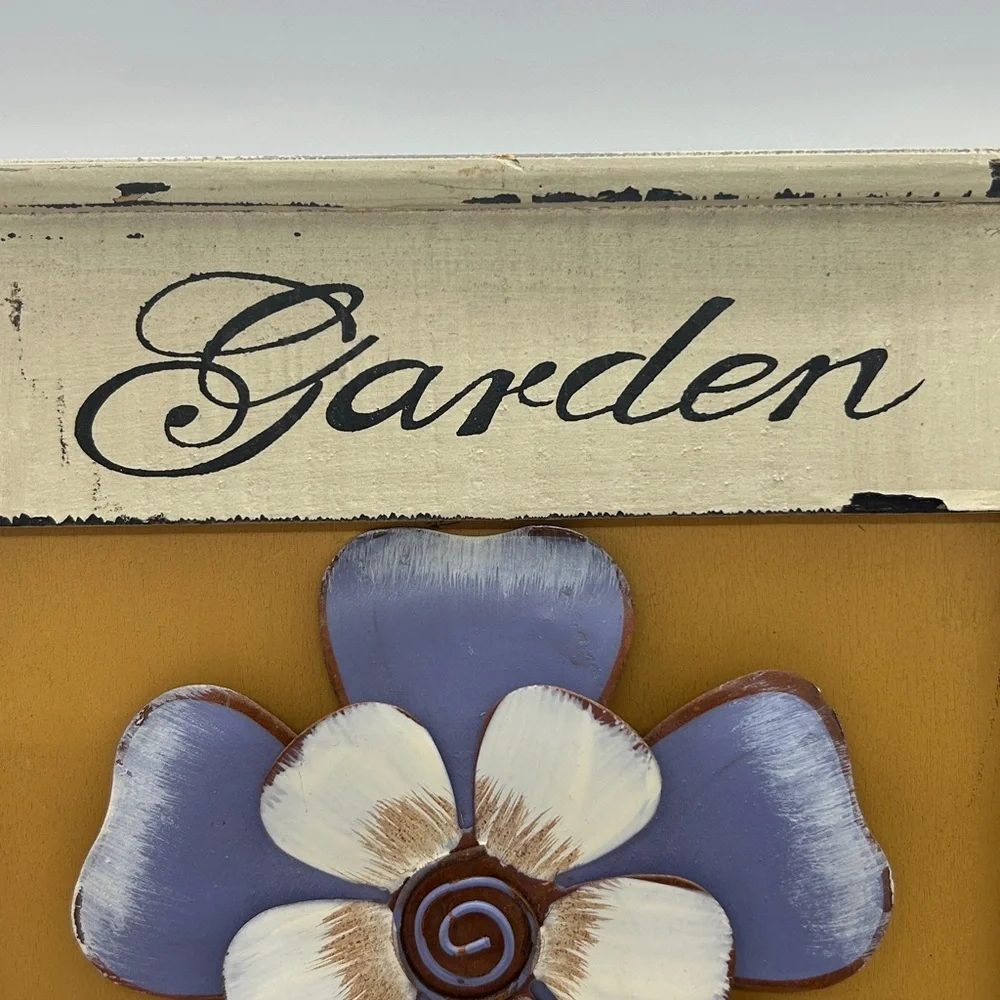 Sculpted Metal Flower Wall Hanging With a Rustic Wooden Frame Size 12x12 inches.